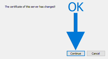 
Если сертификат сервера сменился, нажмите Продолжить.
